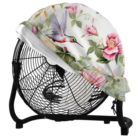 Hardcore Heavy Duty Fan Cover Fits 24 Inch Outdoor Industrial And Pedestal Models With Bold Hummingbird Floral Print on fan.
