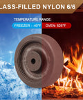 Caster wheel front view: 4-in x 1.5-in glass-filled nylon, brown; high-temp, 4-pack for ovens and dryers