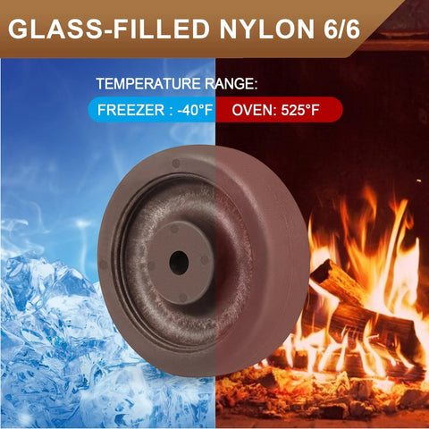 Caster wheel front view: 4-in x 1.5-in glass-filled nylon, brown; high-temp, 4-pack for ovens and dryers