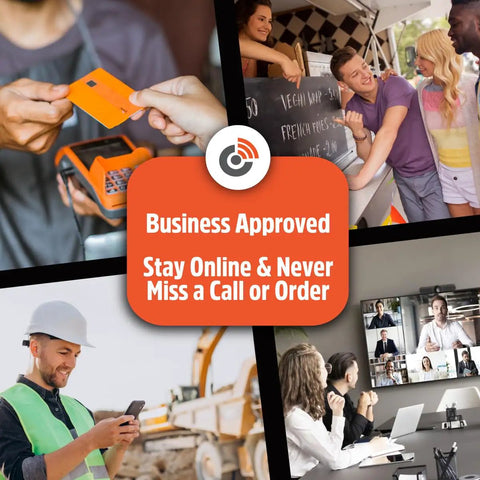 Collage of people using portable internet devices for business, featuring text 'Business Approved, Stay Online & Never Miss a Call or Order'