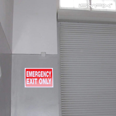 Emergency Exit Only Signs Stickers 2 Pack 10x7 Inch Premium Self Adhesive Vinyl Decals Laminated mounted on wall next to door