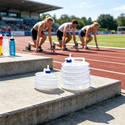 10L Collapsible Water Container With Spigot For Camping And Hiking, shown on track field near athletes, ultra portable design