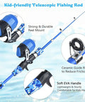 Close-up of a blue kid-friendly telescopic fishing rod with reel, featuring soft EVA handle and ceramic guide ring.