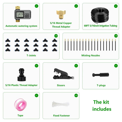 Components of 60 Ft Drip Irrigation System With Smart Timer Fully Programmable Hands Free Automatic Garden Watering Kit