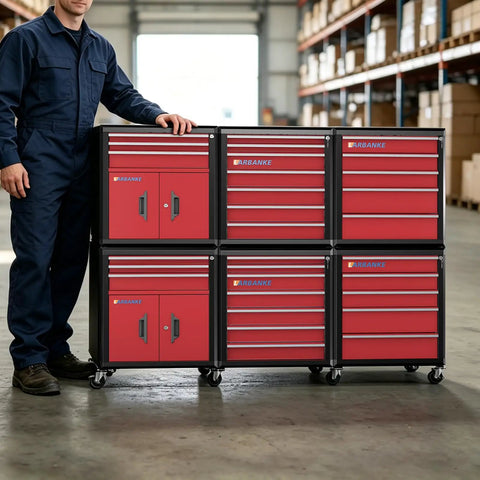 Heavy Duty Seven Drawer Rolling Tool Chest With Lockable Drawers And Waterproof Top Red Mobile Workshop Cabinet in garage.