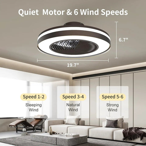 Smart Ceiling Fan With Lights Remote Control Dimmable LED Lighting 20 Inch Enclosed Bladeless Fan Semi Flush Mount Room View