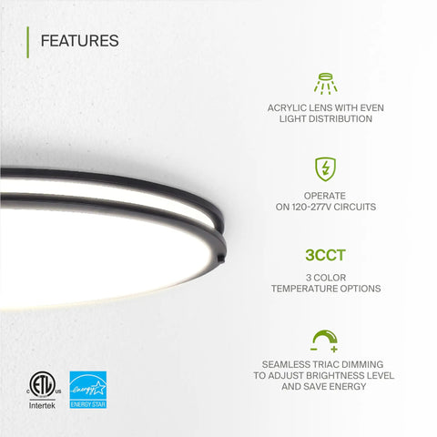 32 Inch Oval Flush Mount LED Light Fixture With 3CCT Dimmable Energy Star ETL Listed showing features like dimming and 3CCT