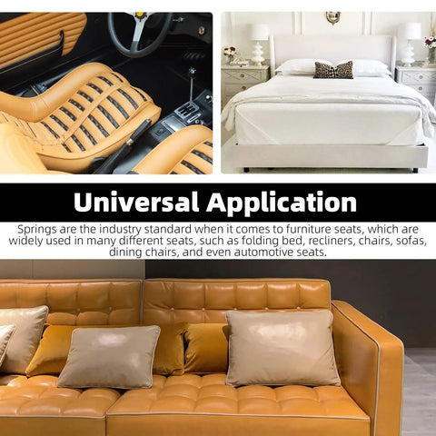 63 Piece Couch Spring Repair Kit With 25 Inch No Sag Springs S Clips Hooks shown in sofa, auto seat, and bed application