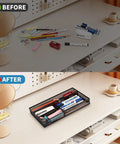 Before and after of a desk showing a Compact Black Desk Drawer Organizer Tray With Four Compartments For Office And Home Use Non Slip Drawer Organizer For Pens Pencils Glue Sticky Notes Makeup School Supplies Keeps Your Desk Neat And Tidy.