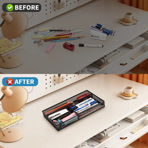Before and after of a desk showing a Compact Black Desk Drawer Organizer Tray With Four Compartments For Office And Home Use Non Slip Drawer Organizer For Pens Pencils Glue Sticky Notes Makeup School Supplies Keeps Your Desk Neat And Tidy.