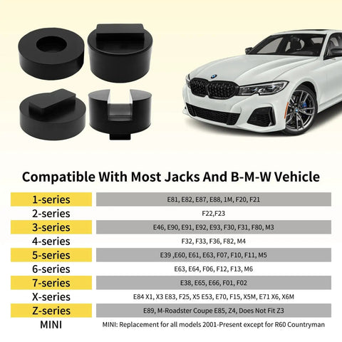 Heavy Duty Jack Pad Adapter Set For BMW And Mini Four Piece Rubber Pucks And Dual Use Axle Saddle Adapters With Work Gloves And Storage Bag Protects Frame Pinch Welds From Floor And Bottle Jacks During Tire Changes