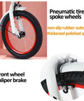 Close-up of pneumatic tire spoke wheels and front wheel caliper brake of Folding Tricycle With Rear Passenger Seat And Pedals Three Wheel Cruiser Bike For Hanging Out Dope Foldable Frame With Single Brake And Pneumatic Spoke Wheels Built From High Carbon Steel Capable Of 100kg Load.