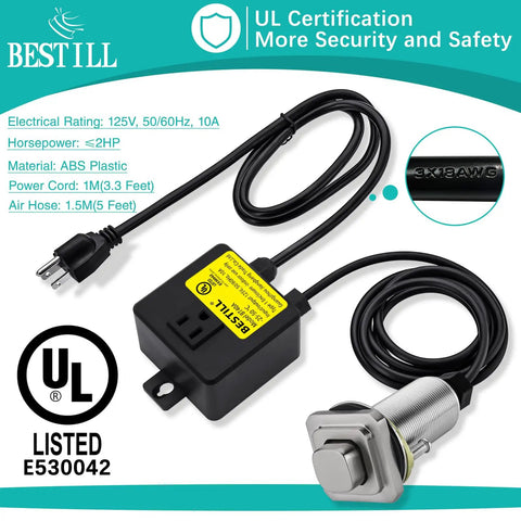 Square Design Garbage Disposal Air Switch Kit With Single Outlet UL Listed E530042 detail showing components and label