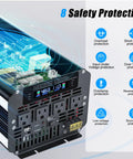 Heavy Duty 5000W Power Inverter Converts 48V To 120V Ac for RV Truck and Solar Rig showing 8 safety protections and LCD panel.