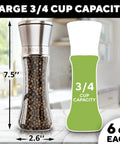 Refillable Stainless Steel Salt And Pepper Grinder Set Of 2 with adjustable coarse mills in kitchen, 3/4 cup capacity.