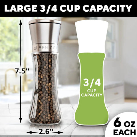 Refillable Stainless Steel Salt And Pepper Grinder Set Of 2 with adjustable coarse mills in kitchen, 3/4 cup capacity.
