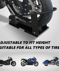 Close-up of Beefy Heavy Duty Steel Motorcycle Wheel Chock With 1800 Lbs Capacity Front Wheel Stand securing a motorcycle tire.