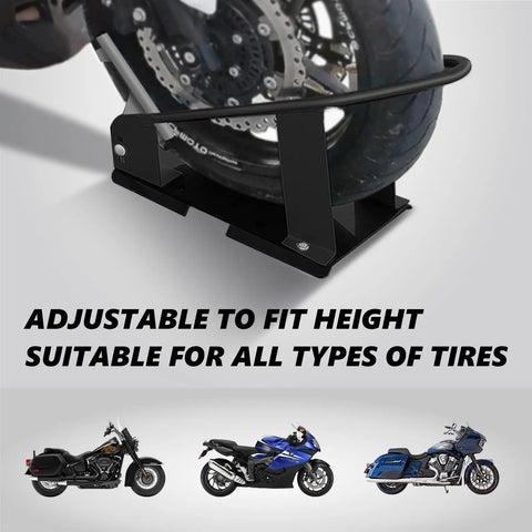 Close-up of Beefy Heavy Duty Steel Motorcycle Wheel Chock With 1800 Lbs Capacity Front Wheel Stand securing a motorcycle tire.