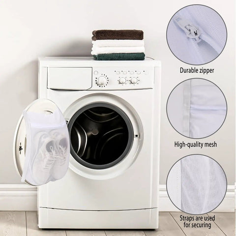 Durable Sneaker Laundry Bag With Zipper And Straps in dryer, honeycomb mesh net, 17.5 x 14.17 inches, no fuss protection for shoes.