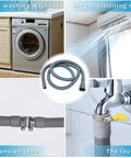 Universal Washing Machine Drain Hose 16.4 Ft With Clamp One And A Half Inch Gray Polypropylene Heavy Duty Corrugated Hose Fits Most Washers Like LG GE Samsung Maytag Whirlpool Easy Install Four Connector Heads, shown with washing machine, air conditioning, extension tube, and faucet.