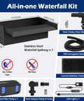 Diagram showing Pond Waterfall Kit With 850 GPH Pump 12 Inch Stainless Steel Spillway Remote Control LED Lights Four Stage Filtration components.