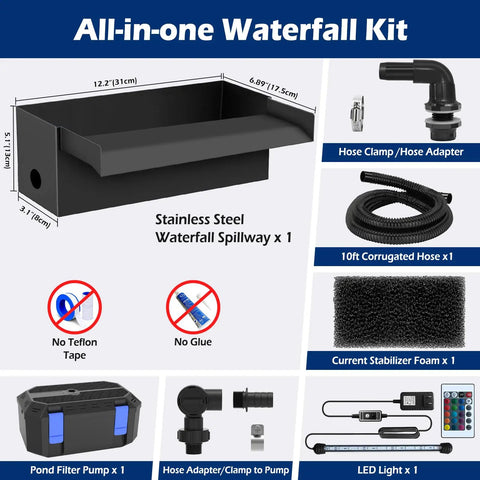 Diagram showing Pond Waterfall Kit With 850 GPH Pump 12 Inch Stainless Steel Spillway Remote Control LED Lights Four Stage Filtration components.