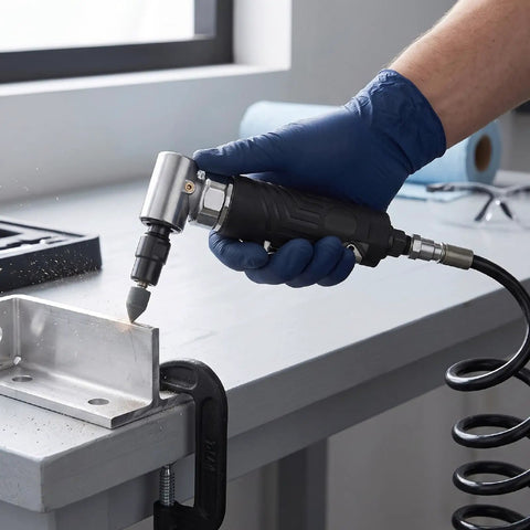 Heavy Duty Pneumatic Air Angle Die Grinder 12000 RPM in use on metal for auto repair, featuring a smooth grip and compact design.