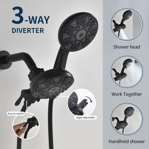 Matte Black Shower System With Dual Fixed And Handheld Heads Featuring Six Spray Modes And A Three Way Diverter Valve Designed As A Complete Bathroom Trim Kit For A Serious Style Flex And Smooth Daily Ritual