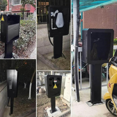 Tough As Nails EV Charger Lock Box With Key, heavy duty black steel cover attached to electric vehicle charging pole outdoors.