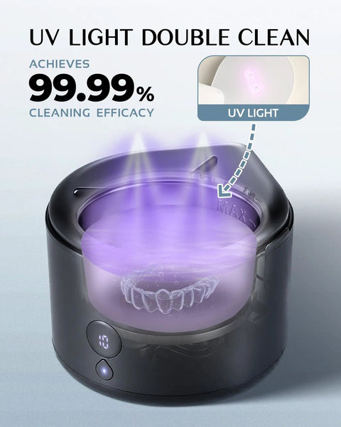 45kHz Ultrasonic Retainer Cleaner with UV Sterilization showing UV light and digital timer, compact design for dental appliances
