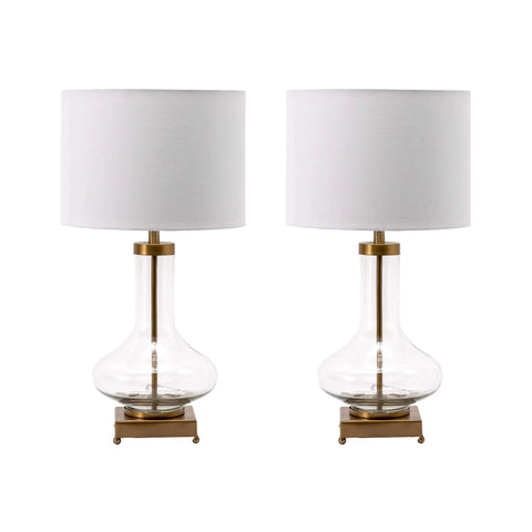 Pair of Hendry 23 Inch Glass Table Lamp With Brass Finish, Fabric Drum Shade, Inline Switch, Ideal For Living Room, Bedroom, Or End Tables