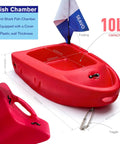 Red spearfishing float boat with carry straps, foldable flagpole, compact storage, and built-in waterproof measuring scale.