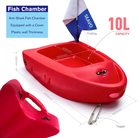 Red spearfishing float boat with carry straps, foldable flagpole, compact storage, and built-in waterproof measuring scale.