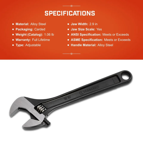 10 Inch Adjustable Black Oxide Wrench With Hex Jaw Design For Slip Resistant Grip Carded AT210VS Ergonomic Handle on red background