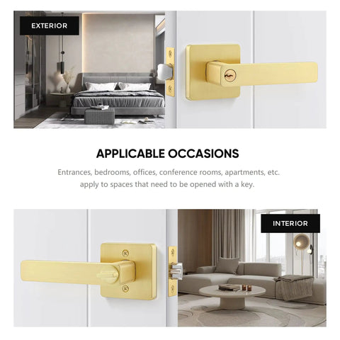 Gold door knobs for rooms needing a key to open, shown on interior and exterior doors, reversible for left or right opening.