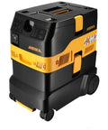 Industrial Job Site Dust Extractor Packing Thirty Liters Of Raw Suction And M Class HEPA Filtration, black and yellow, mobile design.