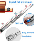 Heavy Duty Full Extension Drawer Slides That Lock Down Solid, with lock mechanism, and easy installation details shown.