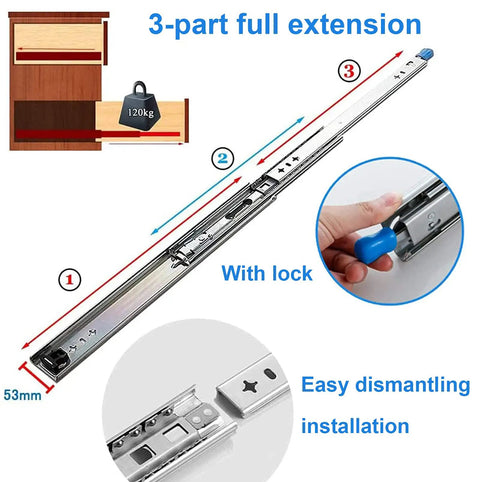 Beast Mode Heavy Duty Drawer Glides With Security Lock, 300 Mm Telescopic Full Extension Steel Tracks showing installation details and load capacity.