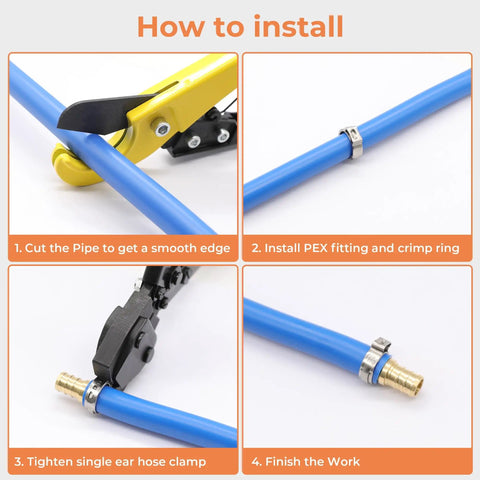 Installation steps using 120 Pcs Three Quarters Inch PEX Cinch Clamps Rings, 304 Stainless Steel Single Ear Hose Clamps on blue tubing