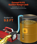 Diesel Fuel Transfer Pump Kit 12V 10 GPM shown lifting oil from barrel with 9.8 ft suction range, includes hose and nozzle