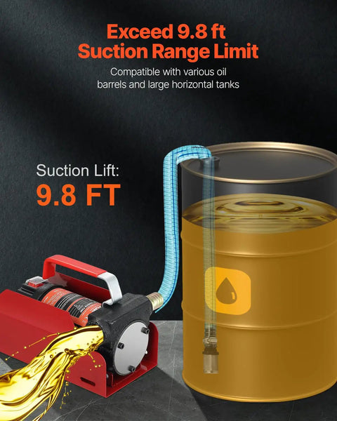 Diesel Fuel Transfer Pump Kit 12V 10 GPM shown lifting oil from barrel with 9.8 ft suction range, includes hose and nozzle