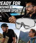 Kick Everyday Glare To The Curb With These Ultra Light Photochromic Polarized Safety Glasses Featuring Rapid Lens Tinting Rock Solid UV Protection And Zero Eye Strain For Riding And Travel worn by a man driving and cyclists outdoors.