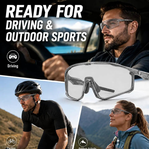 Kick Everyday Glare To The Curb With These Ultra Light Photochromic Polarized Safety Glasses Featuring Rapid Lens Tinting Rock Solid UV Protection And Zero Eye Strain For Riding And Travel worn by a man driving and cyclists outdoors.
