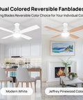 Dual colored reversible fan blades in modern white and Jeffrey pinewood colors for Low Profile 52 Inch Ceiling Fan With LED Lights No Sweat Remote Control Quiet Reversible DC Motor Dimmable 3 Color Temperature Four Double Finish Blades Flush Mount Indoor White