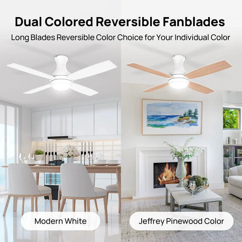 Dual colored reversible fan blades in modern white and Jeffrey pinewood colors for Low Profile 52 Inch Ceiling Fan With LED Lights No Sweat Remote Control Quiet Reversible DC Motor Dimmable 3 Color Temperature Four Double Finish Blades Flush Mount Indoor White