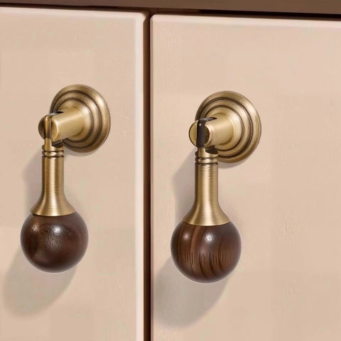 Walnut Wood Drop Pull Handles With Antique Brass Finish For Cabinets And Dressers Vintage Inspired Knobs For Drawers And Wardrobes