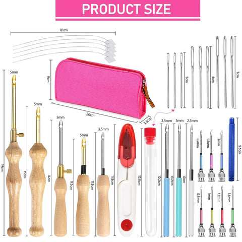 Adjustable Punch Needle Embroidery Kit For Beginners And Adults With Wooden Handle, tool sizes with pink case visible