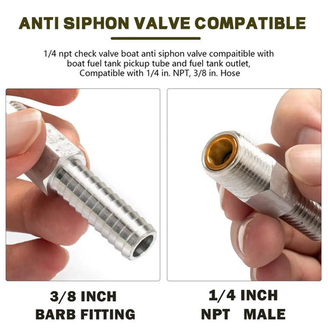 Marine Anti Siphon Valve Replacement Kit for Boat Fuel Tank Pickup Line Prevents Fuel Theft and Spillage, 1/4 In NPT, 3/8 In Hose, Aluminum Two Pack for Outboard Fuel Tanks showing 3/8 inch barb fitting and 1/4 inch NPT male connection in hands.
