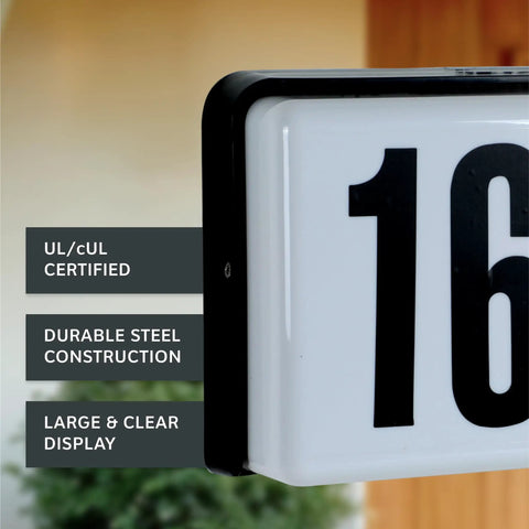 Lighted House Number Sign With 2 Backlit Bulbs Outdoor Address Plaque 10 Inch Black Wall Mount showing large black digits on white background