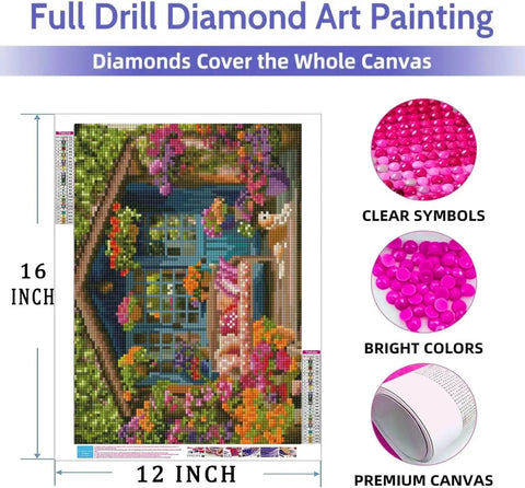 Two Pack Flower House Diamond Art Kits For Adults Full Drill DIY Gem Art 12 X 16 Inch with clear symbols and colors.